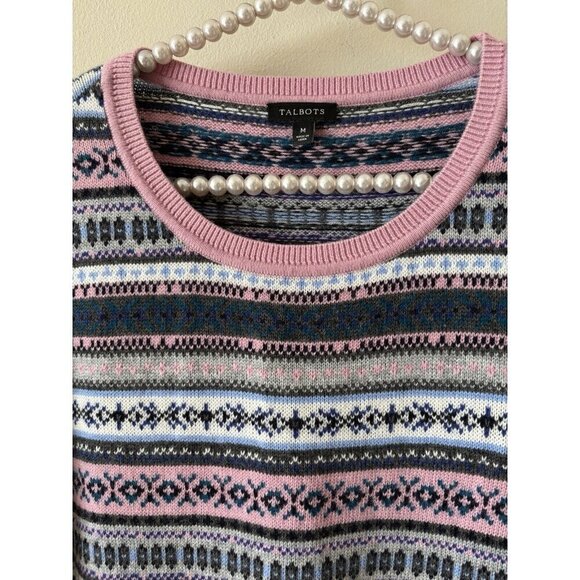 Talbots Womens Size Medium Gray Pink Fair Isle Sweater Lambswool Blend - Picture 2 of 5